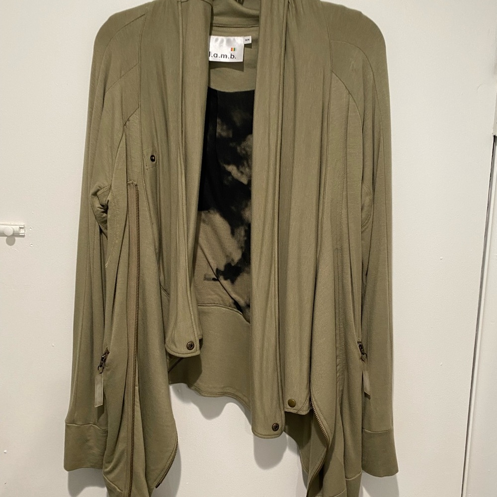 L.a.m.b. Sweater cardigan, olive green with zipper and snap closures.